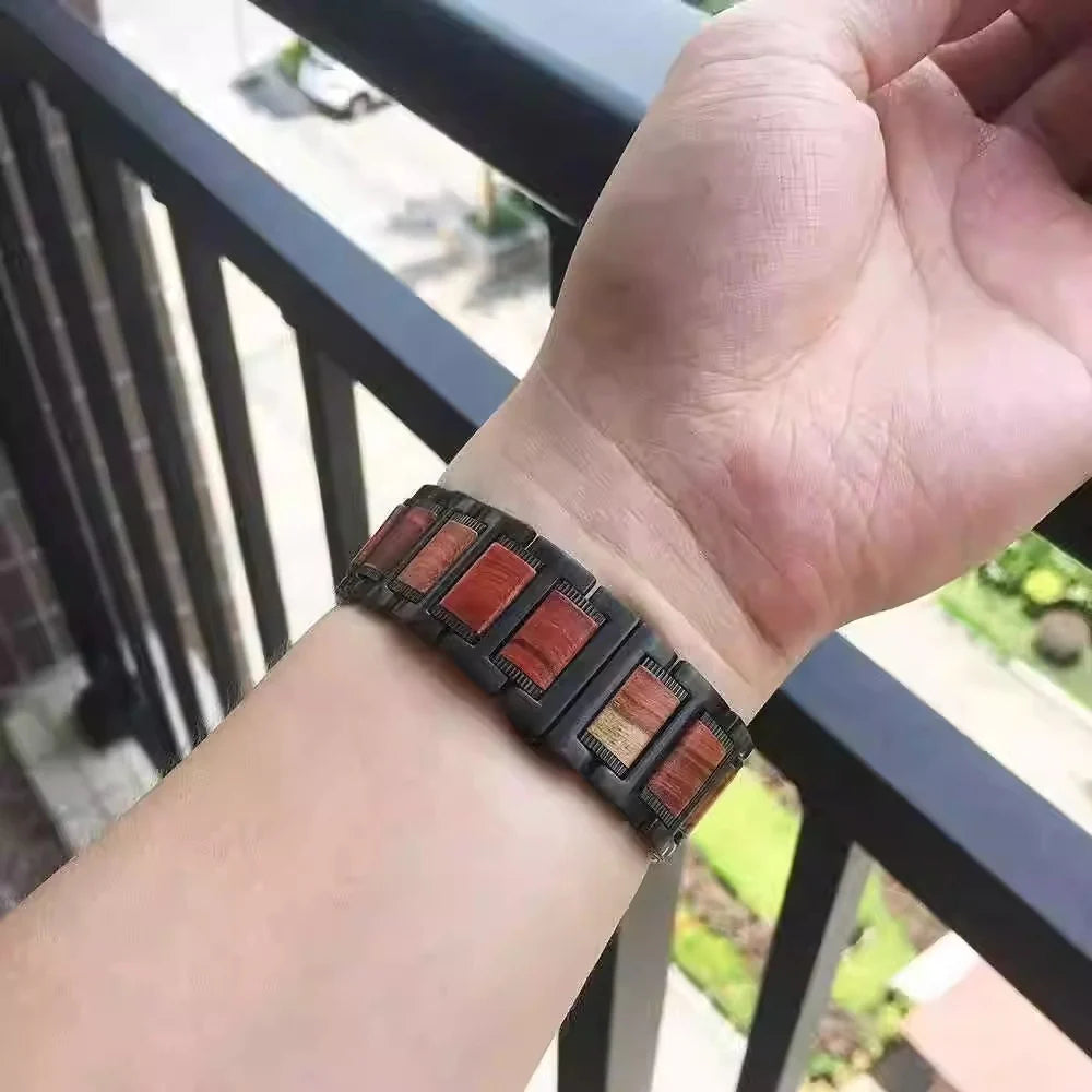 Natural Red Sandalwood & Metal Watch Band For Garmin
